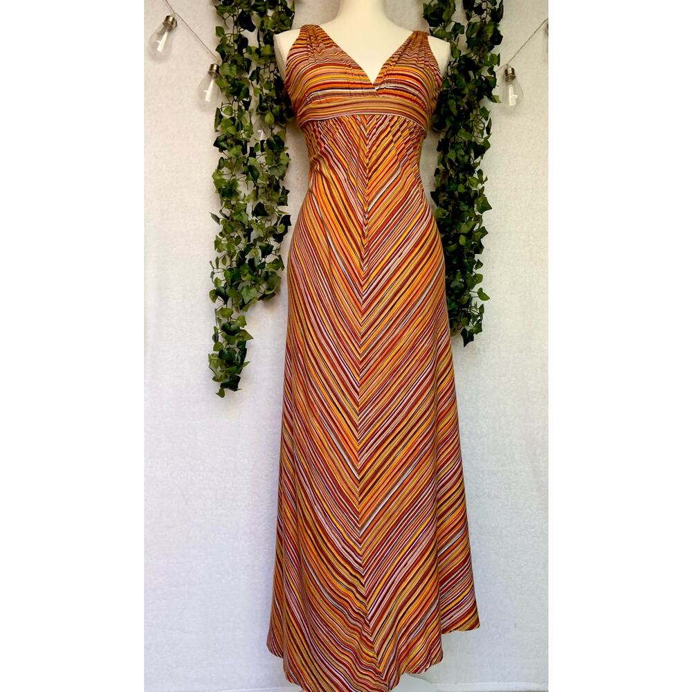 Lilac Clothing Company Rayon USA made Yellow Orange red V Neck Maxi Dress Small
